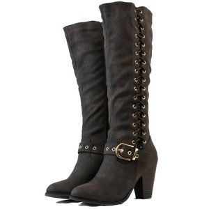 Women Knee High Boots Golden Buckle Tie Up Stylish High Cuban Heels Brown